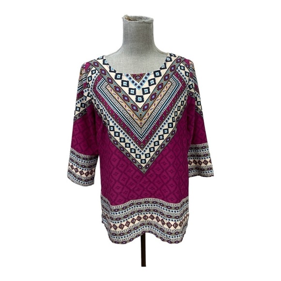 PINK OWL Geometric Tribal Blouse
Multicolor 3/4 Sleeve Scoop Neck Top size M - Picture 1 of 12